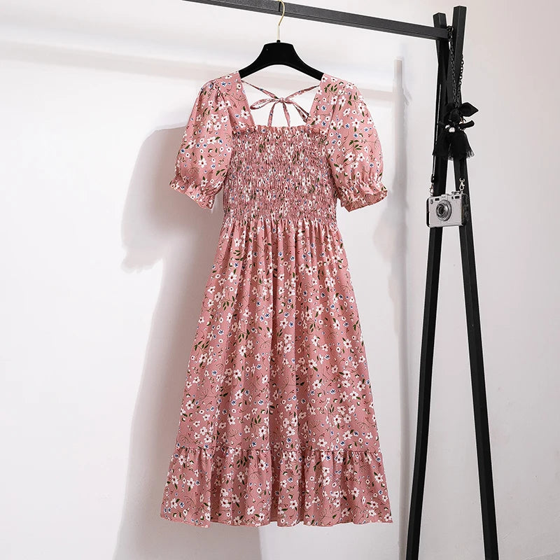 Vestidos  primavera, verão moda feminina, cintura elástica, manga curta, casual.