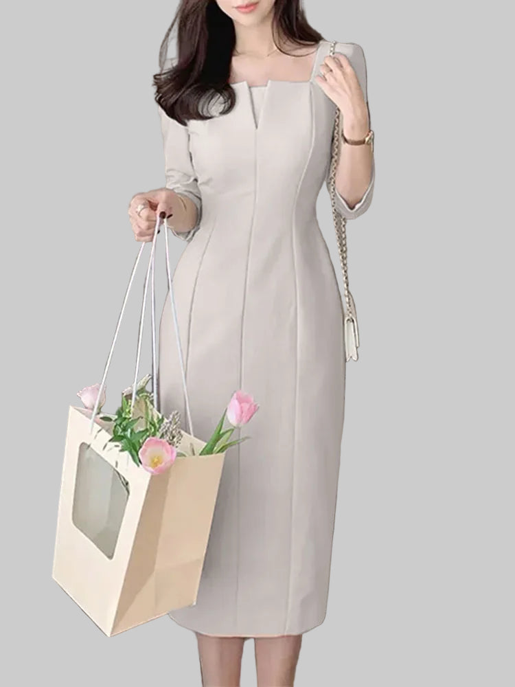 Vestido de verão feminino com manga 3/4, vestido de festa liso, para trabalho, elegante, gola quadrada, vestido fino, moda modelo lápis.