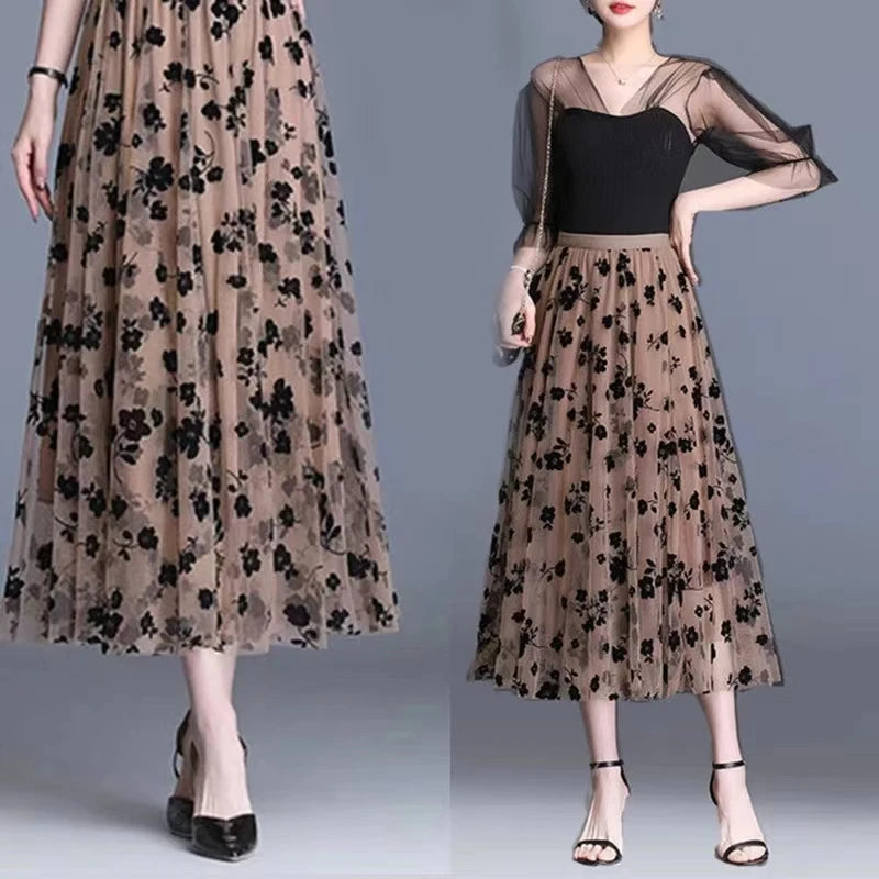Saia de tule feminina midi solta floral, elegante, casual, para todas as mulheres.
