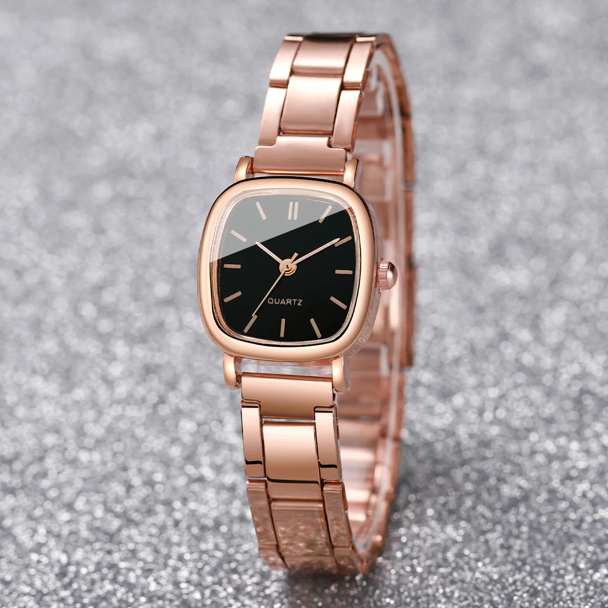 Relógio quadrado feminino inoxidável de quartzo, pulseira de coração.