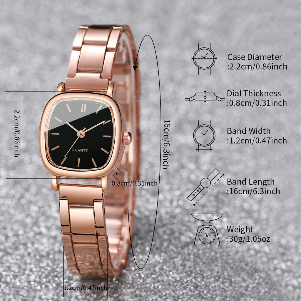 Relógio quadrado feminino inoxidável de quartzo, pulseira de coração.