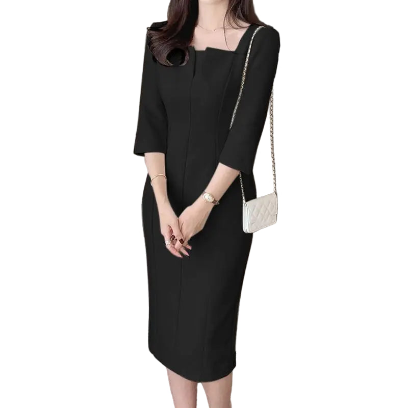 Vestido de verão feminino com manga 3/4, vestido de festa liso, para trabalho, elegante, gola quadrada, vestido fino, moda modelo lápis.