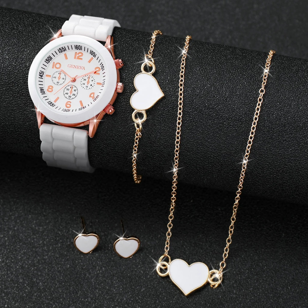 Relógio feminino com pulseira de silicone, 5/6 peças, relógios de quartzo, pulseira colar e par de brincos
