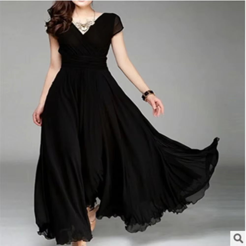 Vestido feminino com decote em V e manga curta, cor sólida, longo,  cintura alta, vestidos de verão.