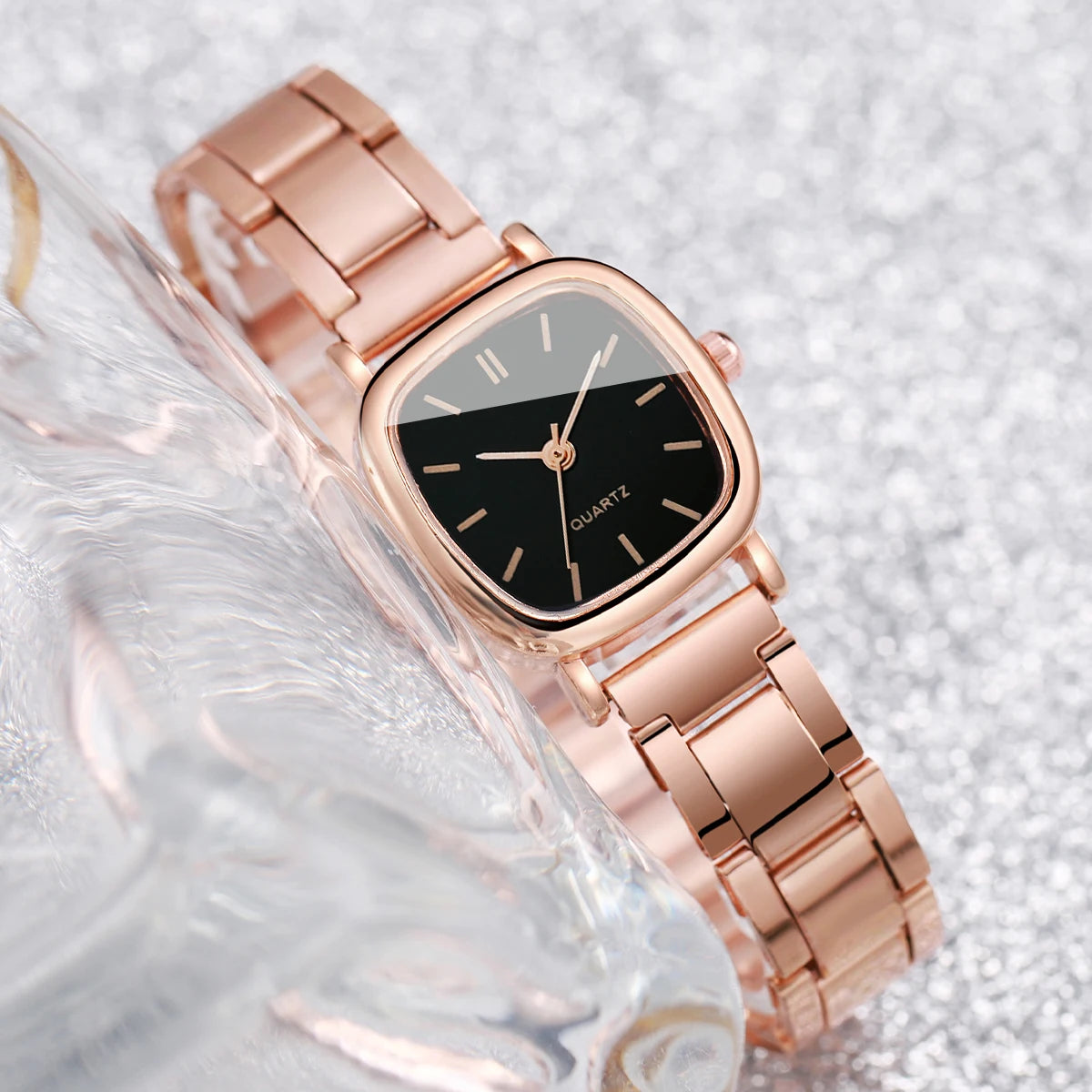 Relógio quadrado feminino inoxidável de quartzo, pulseira de coração.