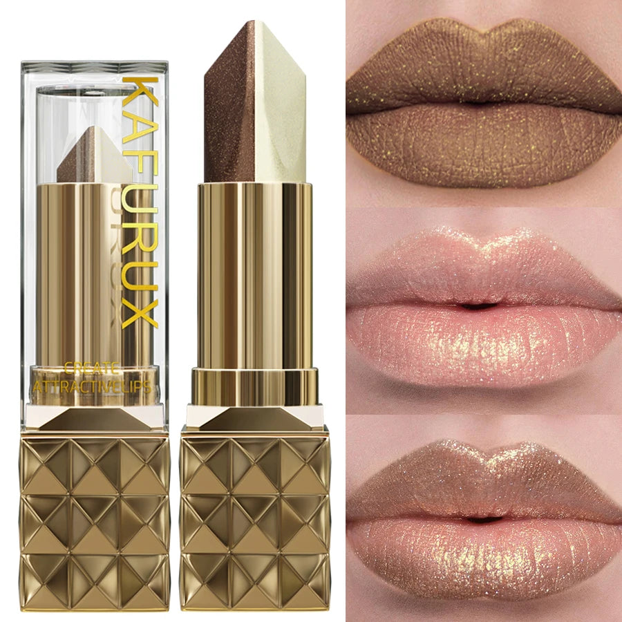 Batom brilhante metálico bicolor fosco perolado, batom de longa duração, brilho labial.