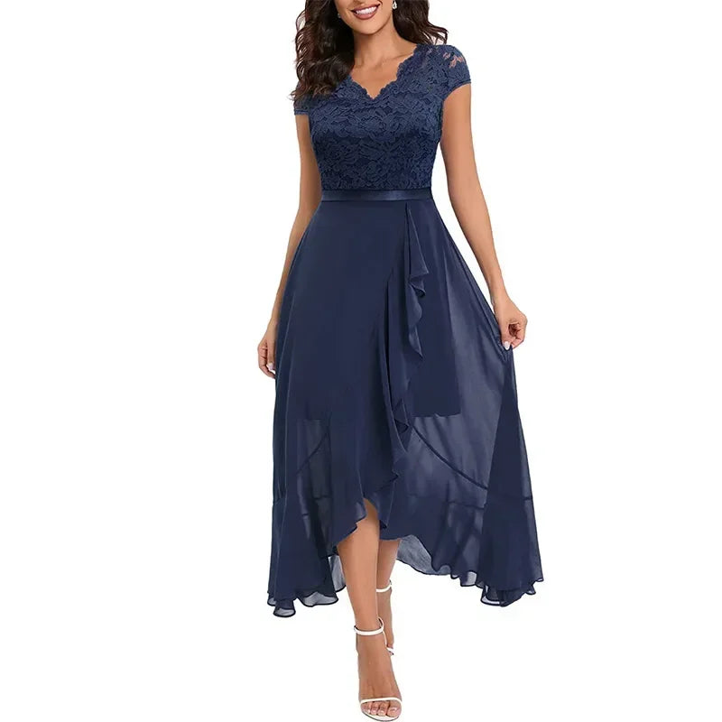 Vestido de festa feminino de manga curta com decote em V, luxuoso, com babados e renda, de  irregular, elegante.