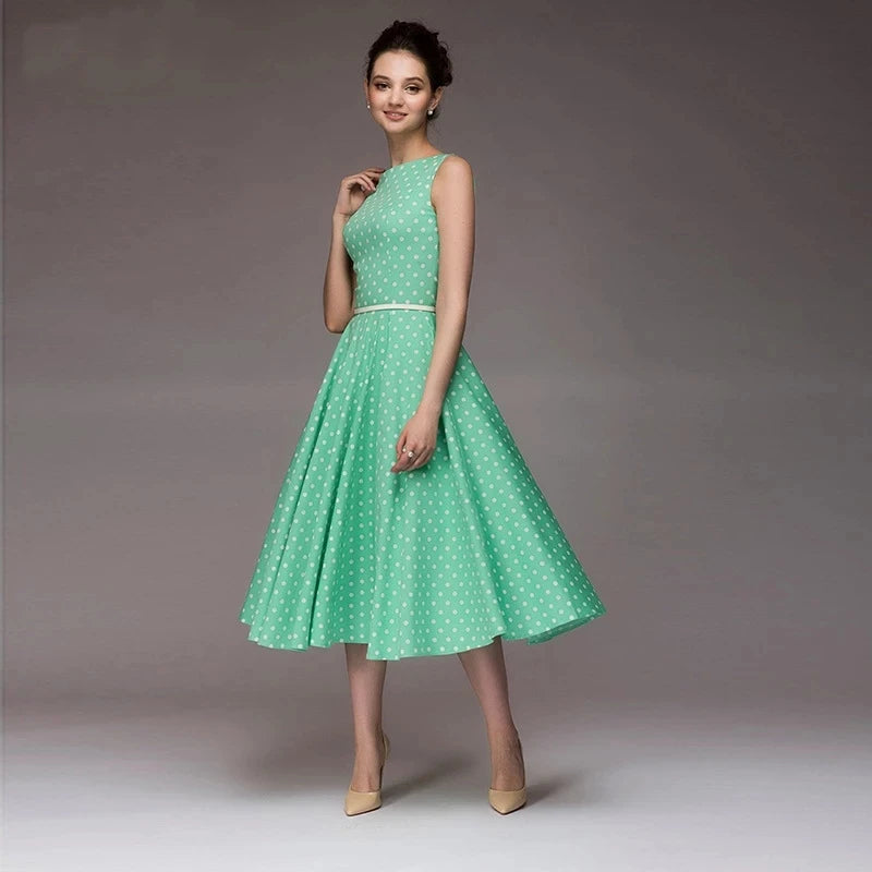 Vestido vintage sem mangas com decote redondo, elegante, fino, estampa de bolinhas casual, estilo  verão.