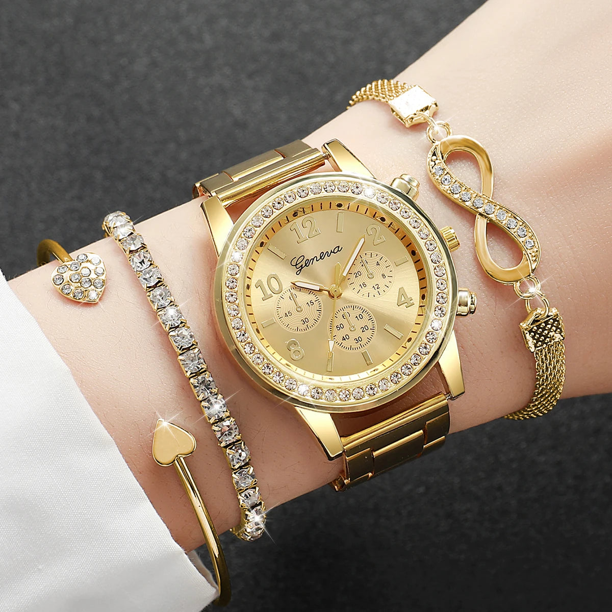 Conjunto de  pulseira  relógio 4 peças de aço com strass, quartzo moda feminina.