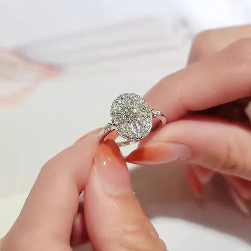 Anel  de luxo em prata  com corte princesa e diamantes moda, joias ajustáveis.