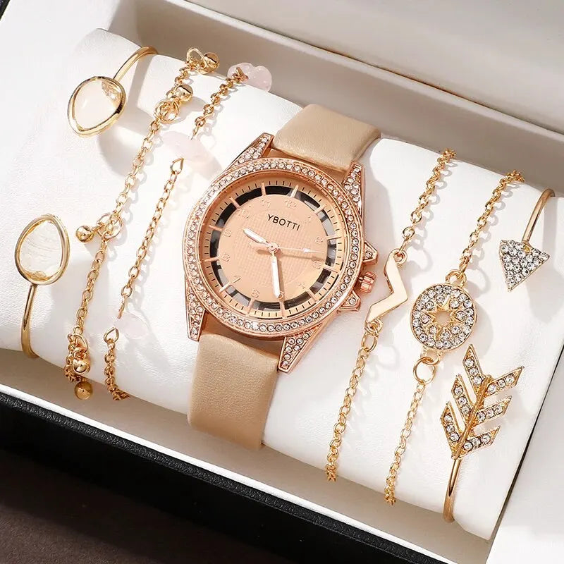 Relógio de quartzo feminino de luxo, analógico de pulso feminino, conjunto de pulseiras para vestido.