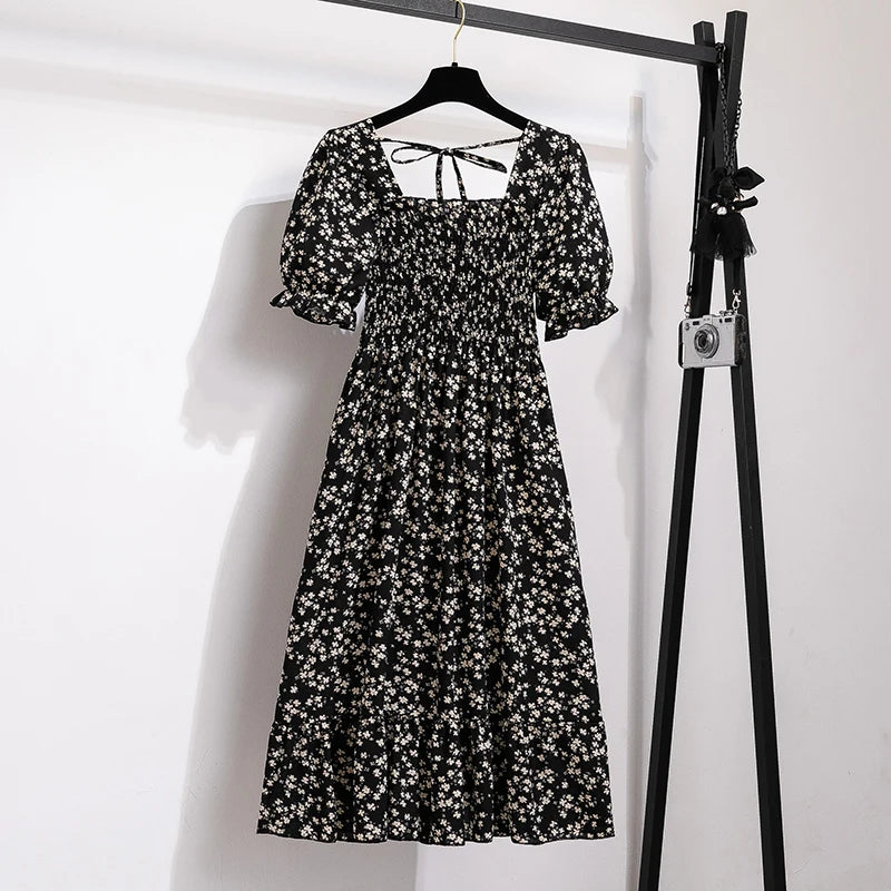 Vestidos  primavera, verão moda feminina, cintura elástica, manga curta, casual.