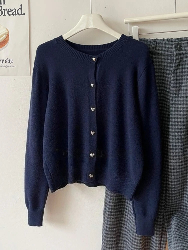 Cardigan feminino com fivela dourada, manga longa, casual, fino, de malha elegante.
