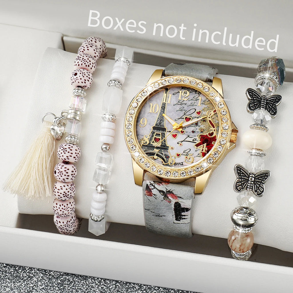 Relógio feminino com pulseira de couro estampada com  personagem vintage acompanha strass e flores, conjunto de 3/4/5 peças.