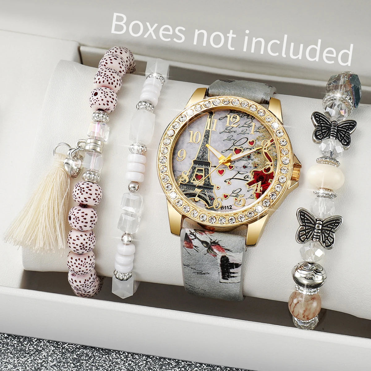 Relógio feminino com pulseira de couro estampada com  personagem vintage acompanha strass e flores, conjunto de 3/4/5 peças.