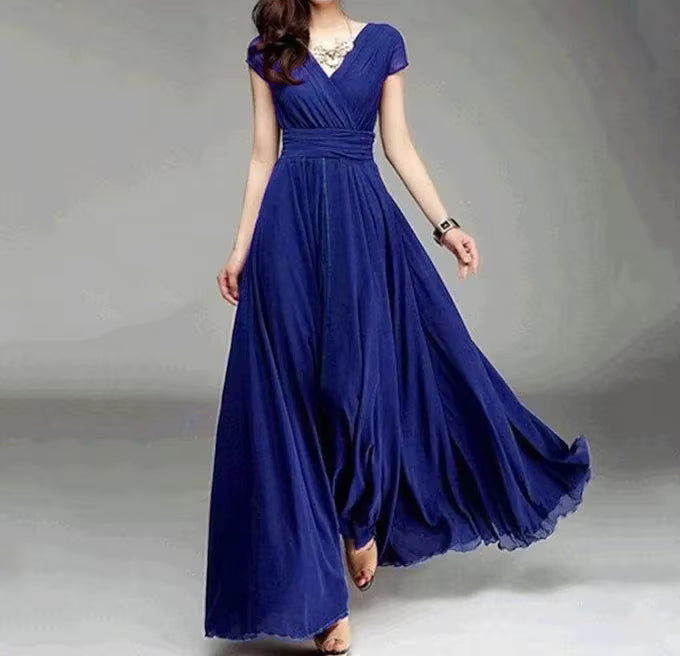Vestido feminino com decote em V e manga curta, cor sólida, longo,  cintura alta, vestidos de verão.