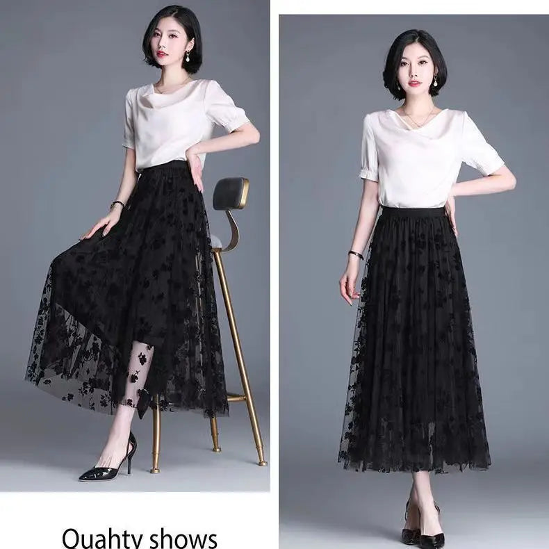 Saia de tule feminina midi solta floral, elegante, casual, para todas as mulheres.