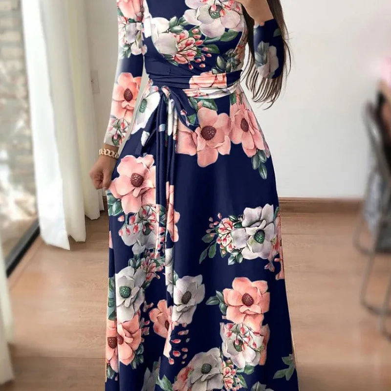 Vestido Florido com gola alta comprido leve solto casual elegante.
