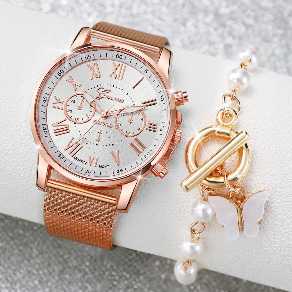 Conjunto feminino relógio analógico de quartzo com pérolas e pulseira de borboleta.