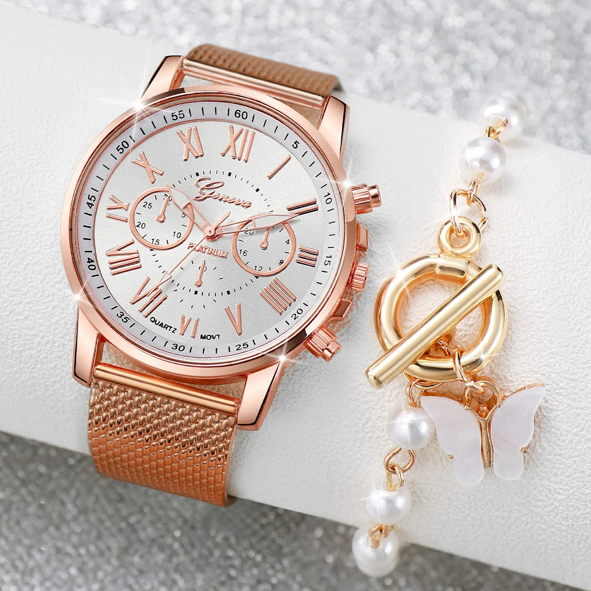 Conjunto feminino relógio analógico de quartzo com pérolas e pulseira de borboleta.