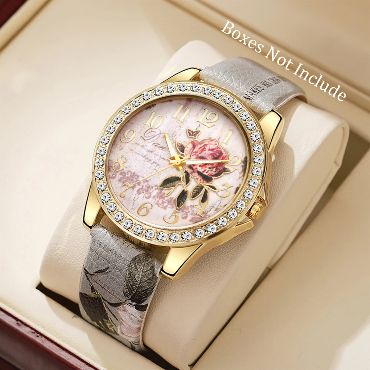 Relógio de pulso feminino vintage modelo flores e strass, casual, pulseira de couro, quartzo, relógio de pulso feminino.