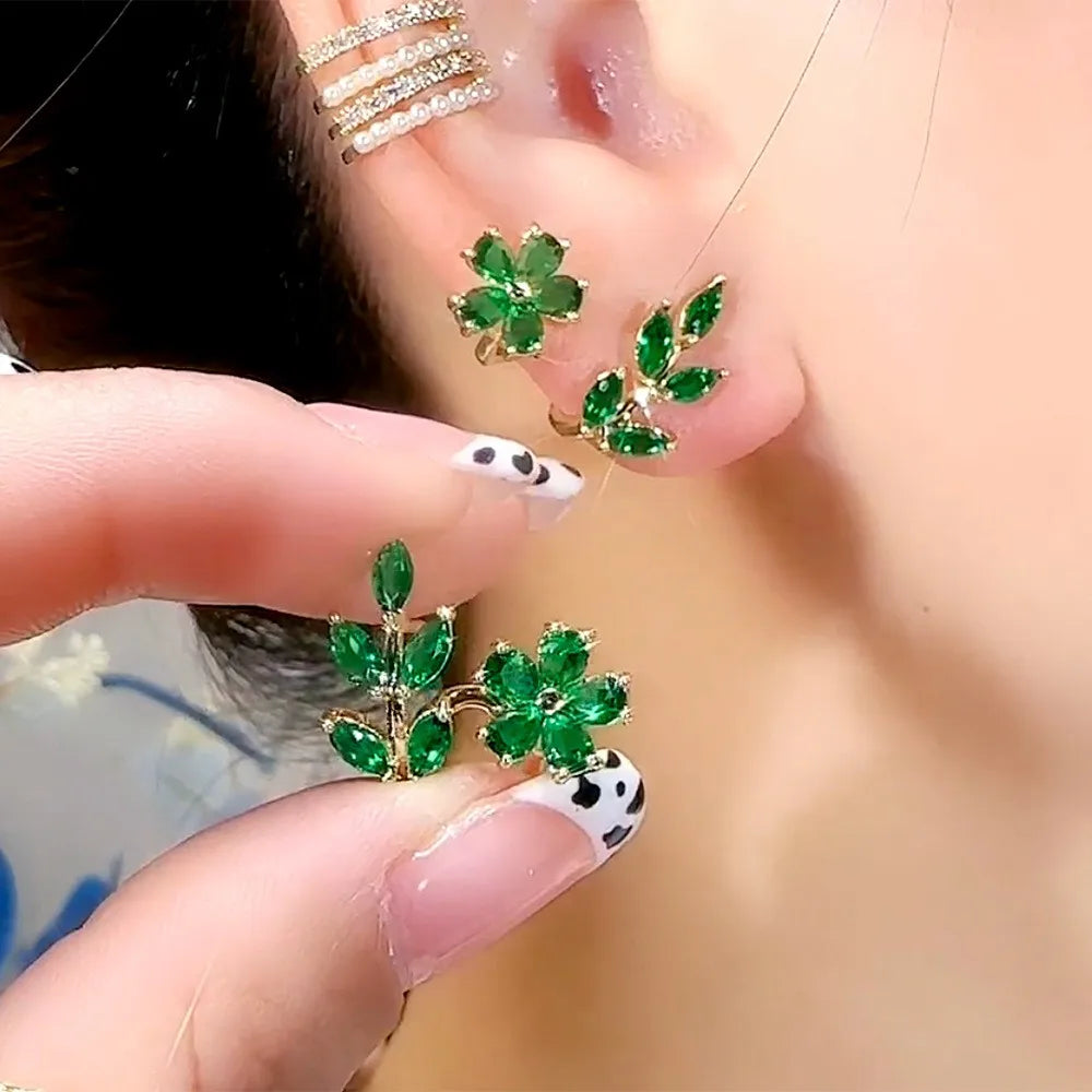 Brincos de flores verdes para moda feminina com folhas de zircônia de luxo.