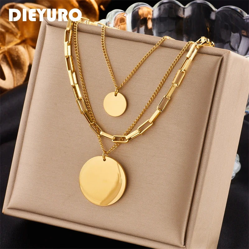 Colar com pingente redondo 3 em 1, em aço inoxidável  cor dourada moda feminina