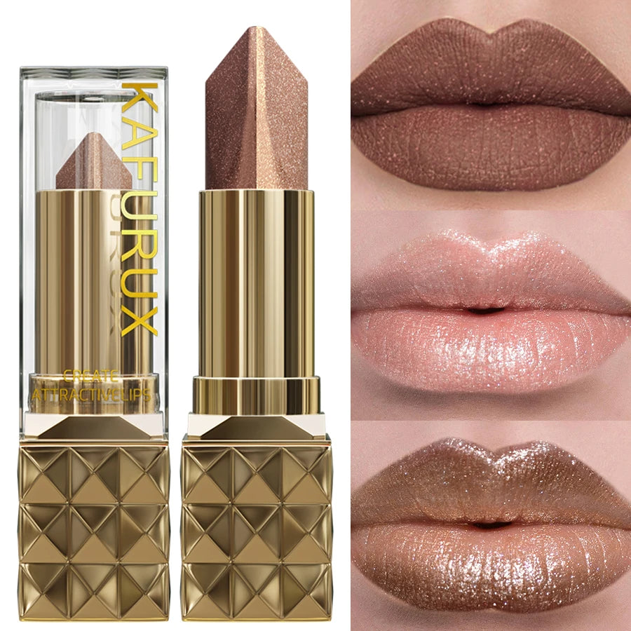 Batom brilhante metálico bicolor fosco perolado, batom de longa duração, brilho labial.