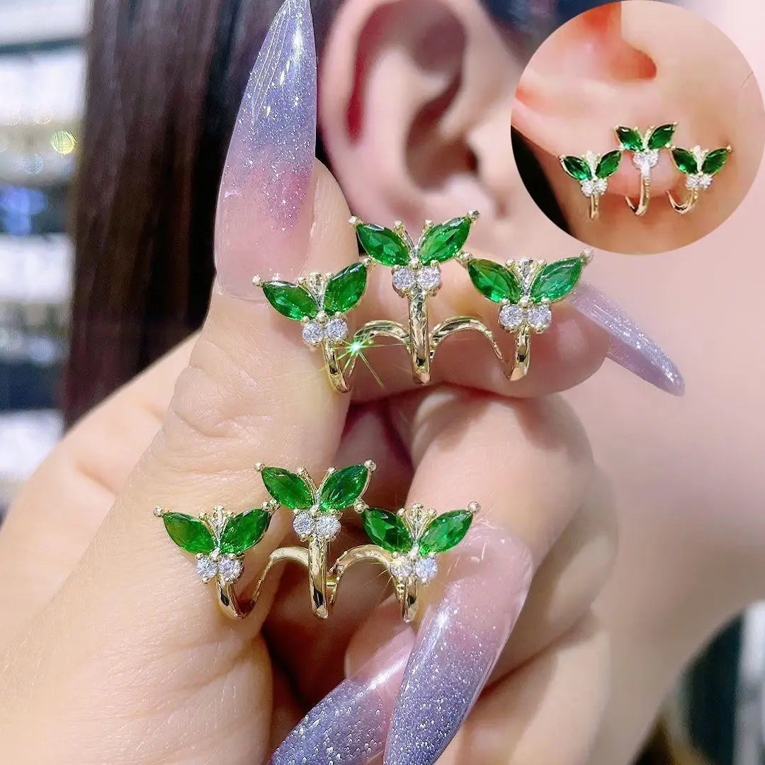 Brincos de flores verdes para moda feminina com folhas de zircônia de luxo.