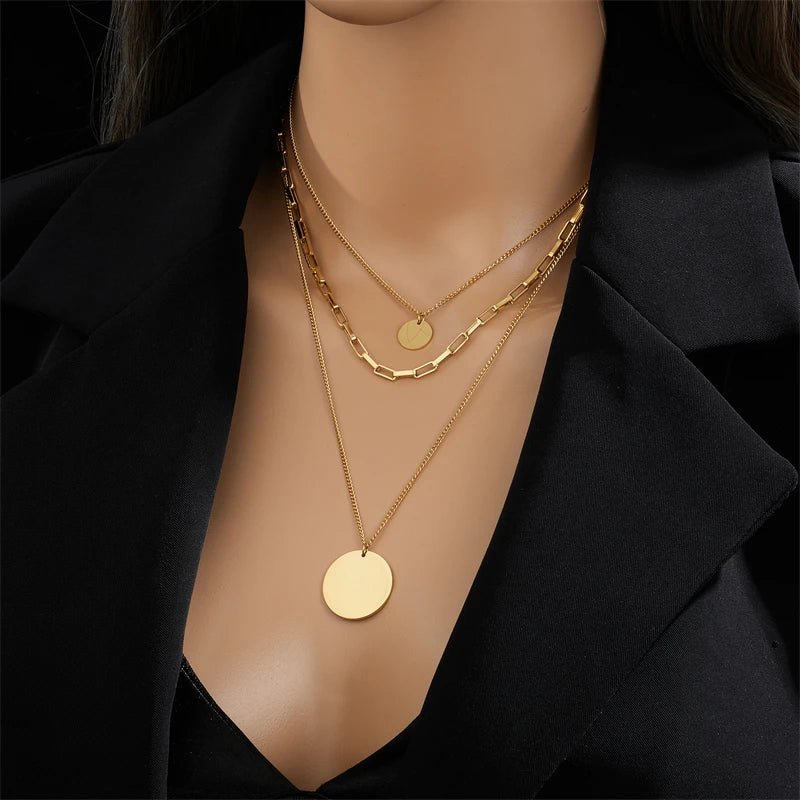 Colar com pingente redondo 3 em 1, em aço inoxidável  cor dourada moda feminina