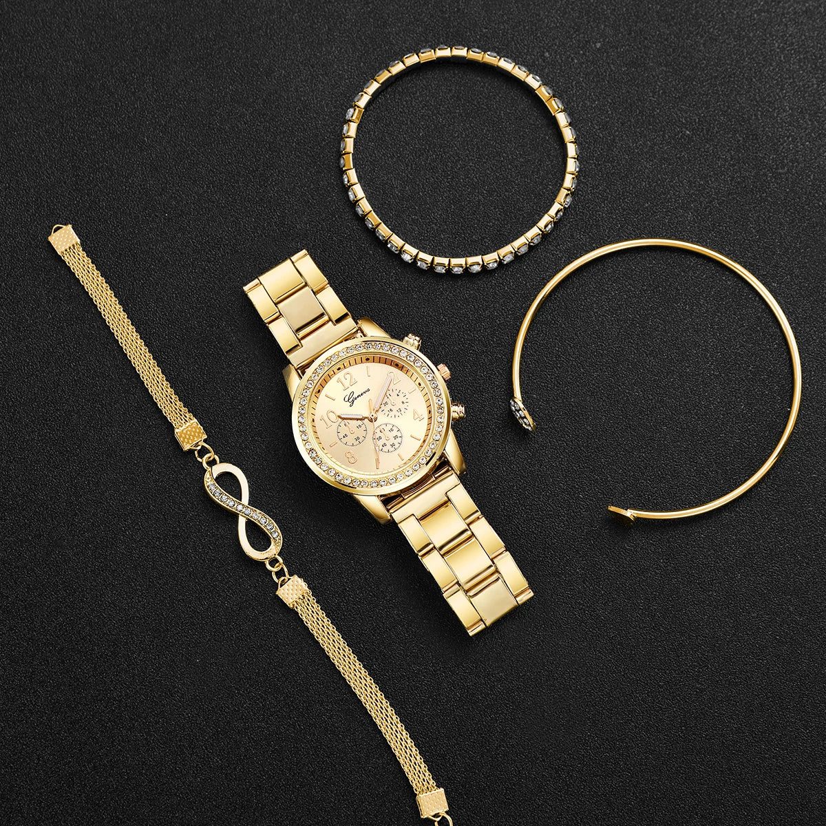 Conjunto de  pulseira  relógio 4 peças de aço com strass, quartzo moda feminina.