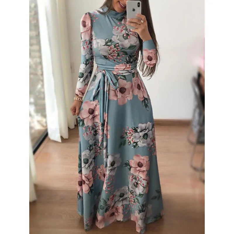Vestido Florido com gola alta comprido leve solto casual elegante.