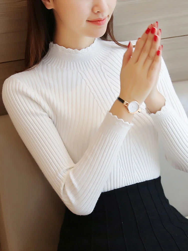 Suéter feminino de gola falsa com babados, manga comprida, tricô, cor sólida, listrado, casual.