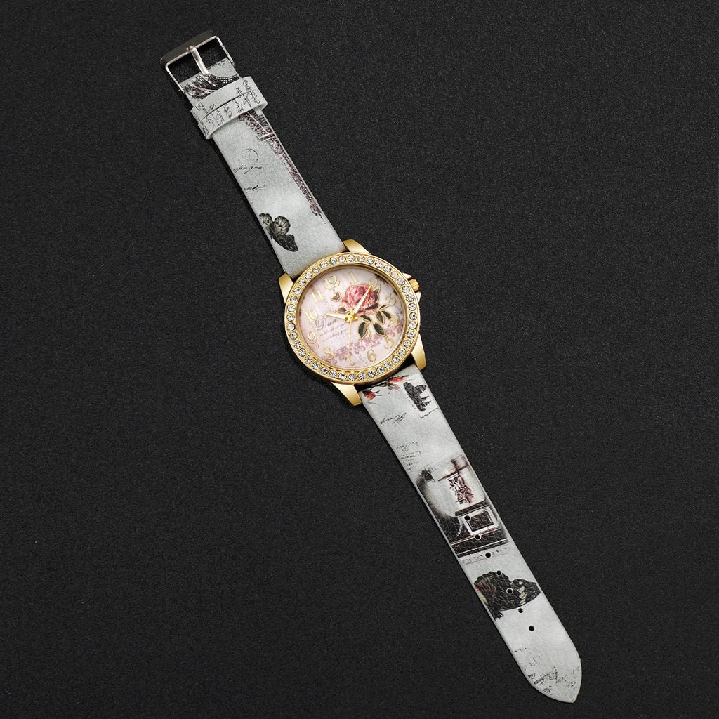 Relógio de pulso feminino vintage modelo flores e strass, casual, pulseira de couro, quartzo, relógio de pulso feminino.