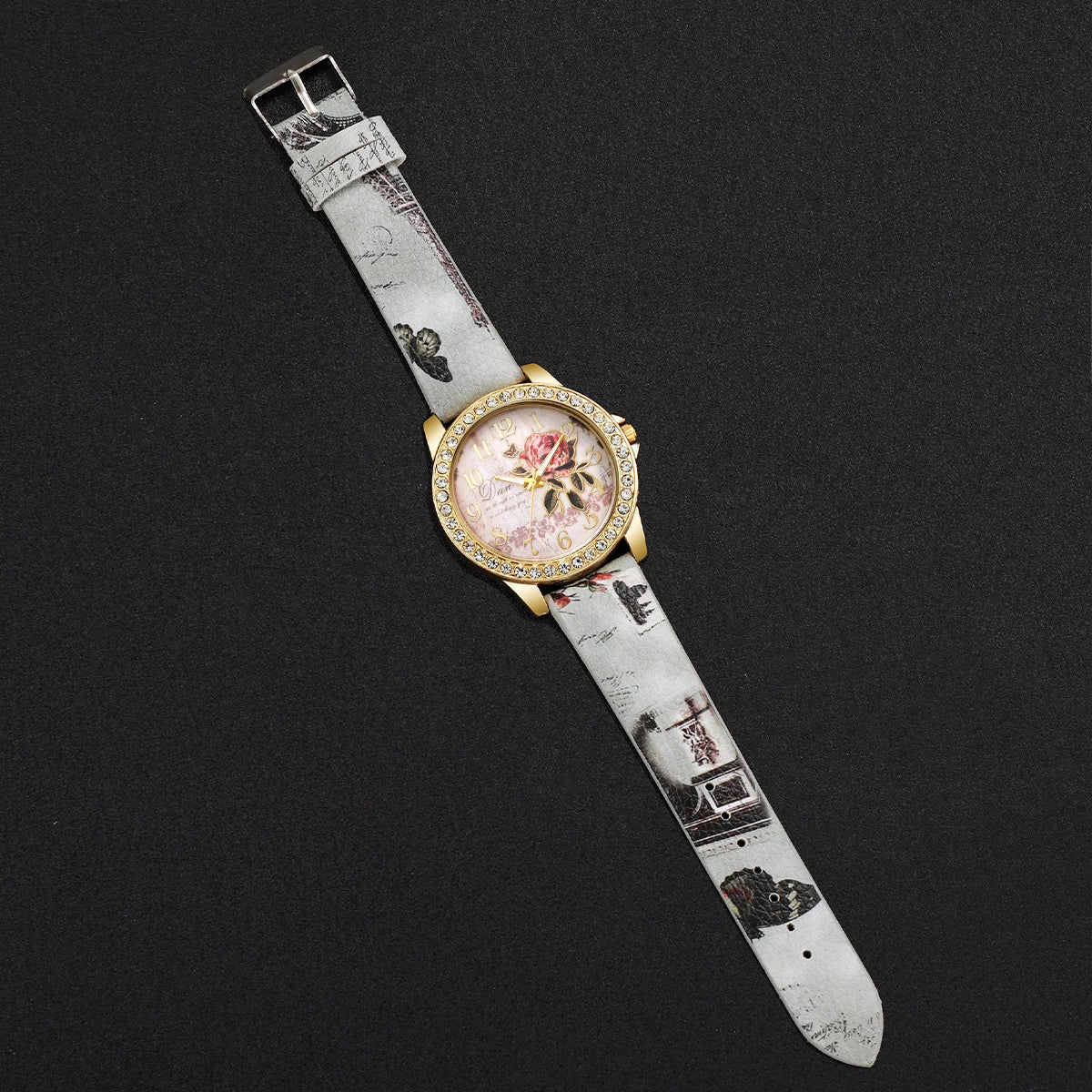 Relógio de pulso feminino vintage modelo flores e strass, casual, pulseira de couro, quartzo, relógio de pulso feminino.