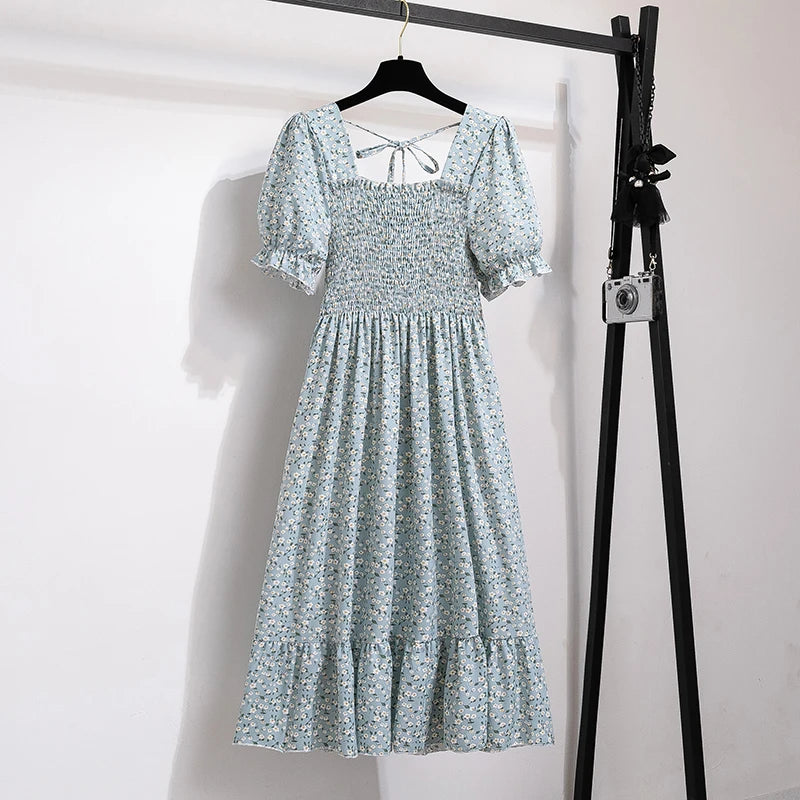 Vestidos  primavera, verão moda feminina, cintura elástica, manga curta, casual.