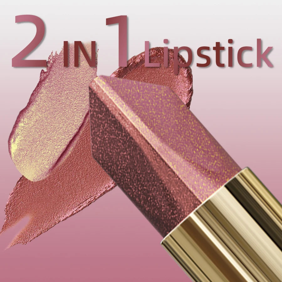 Batom brilhante metálico bicolor fosco perolado, batom de longa duração, brilho labial.
