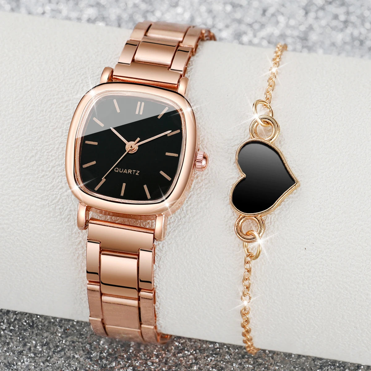 Relógio quadrado feminino inoxidável de quartzo, pulseira de coração.