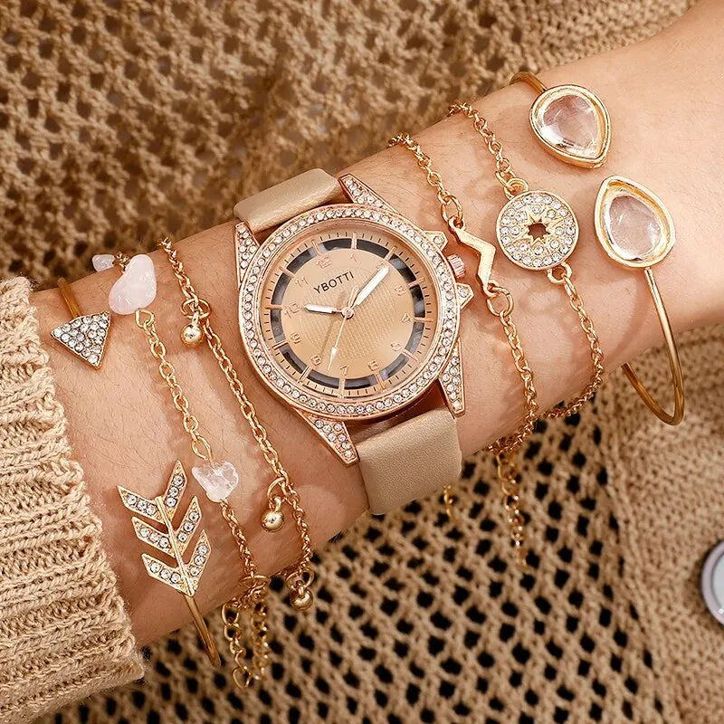 Relógio de quartzo feminino de luxo, analógico de pulso feminino, conjunto de pulseiras para vestido.