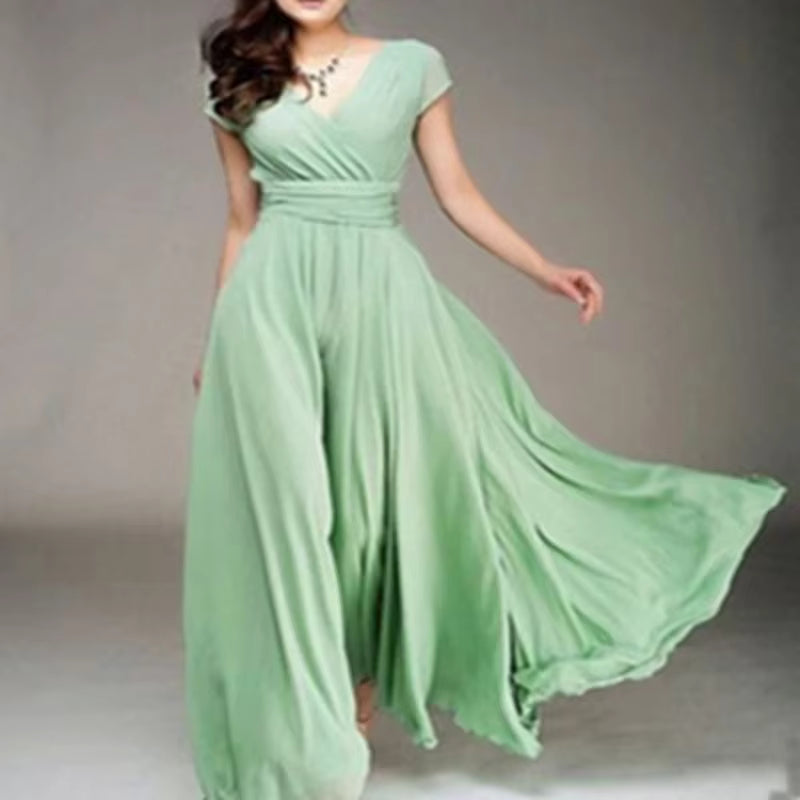 Vestido feminino com decote em V e manga curta, cor sólida, longo,  cintura alta, vestidos de verão.