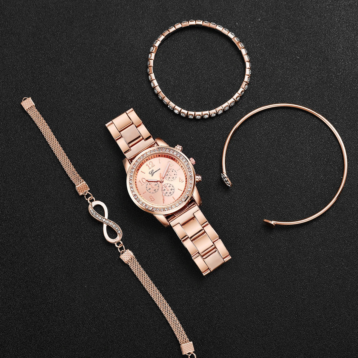 Conjunto de  pulseira  relógio 4 peças de aço com strass, quartzo moda feminina.