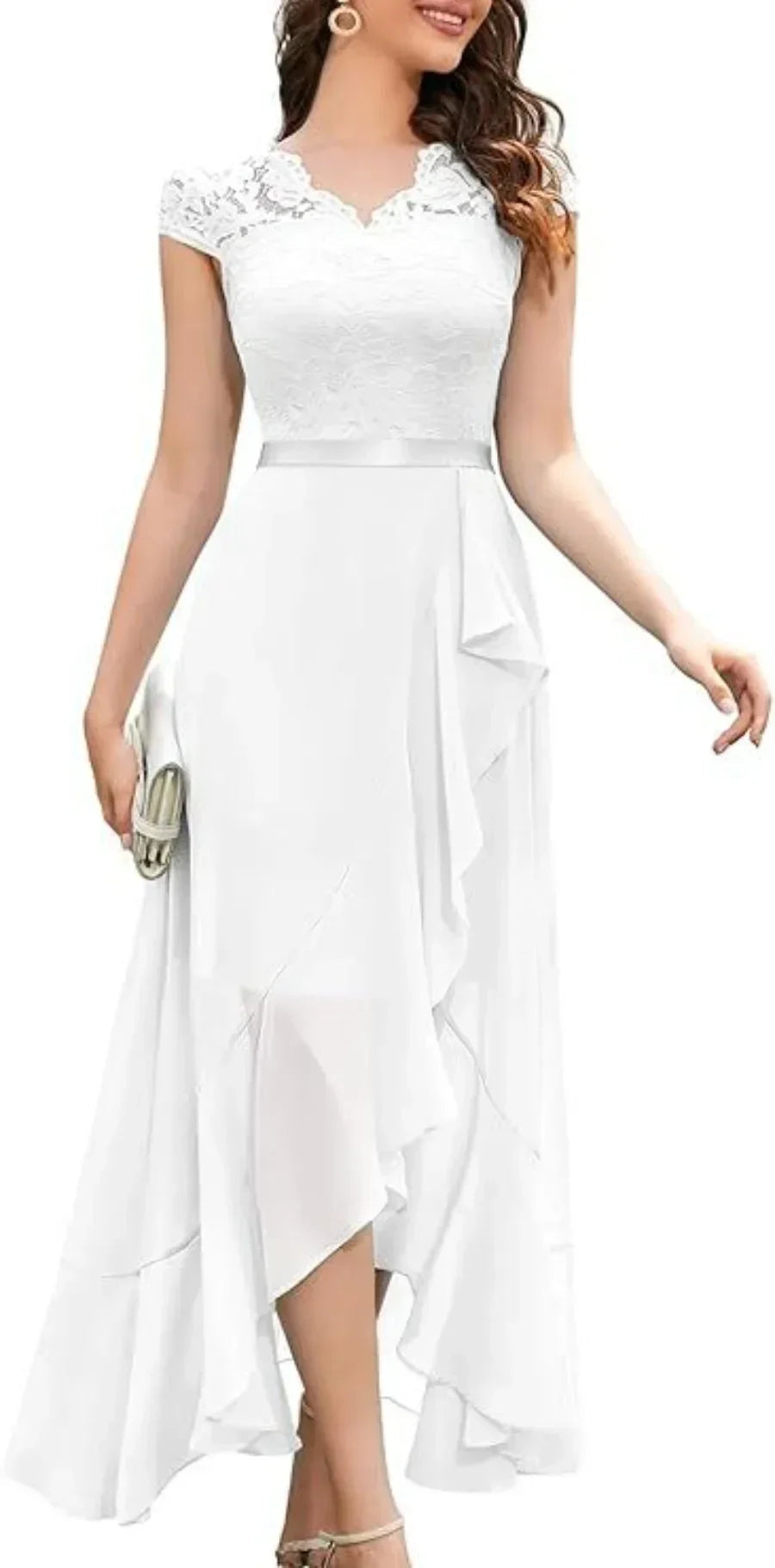 Vestido de festa feminino de manga curta com decote em V, luxuoso, com babados e renda, de  irregular, elegante.