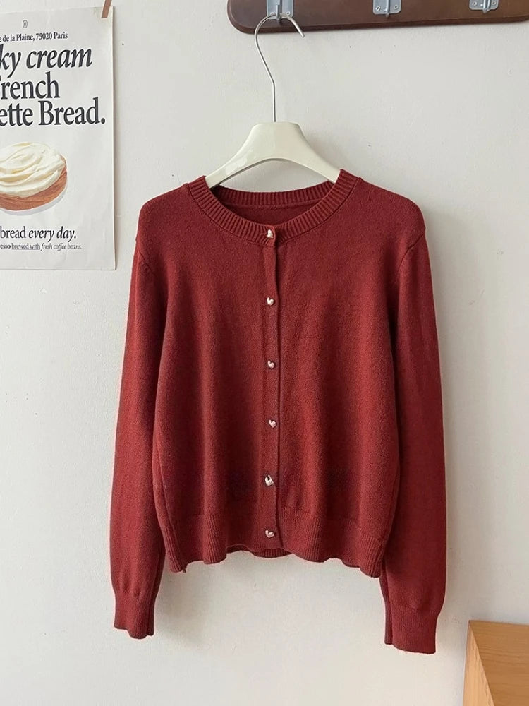 Cardigan feminino com fivela dourada, manga longa, casual, fino, de malha elegante.