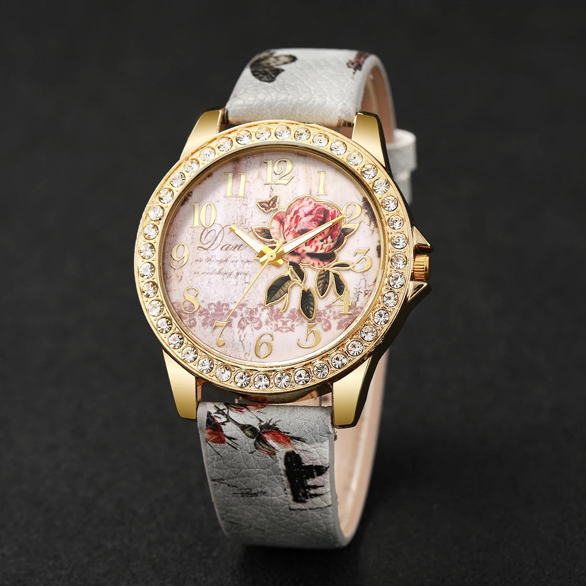 Relógio de pulso feminino vintage modelo flores e strass, casual, pulseira de couro, quartzo, relógio de pulso feminino.