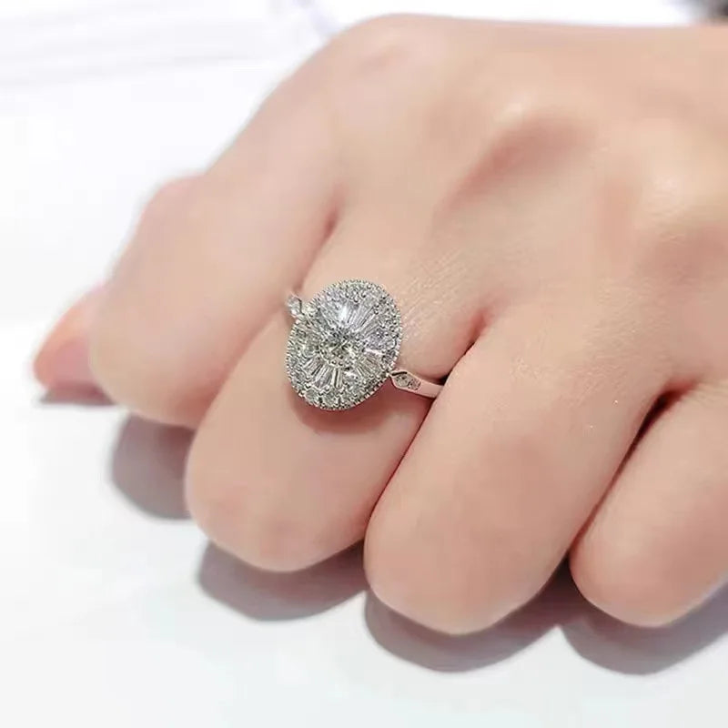 Anel  de luxo em prata  com corte princesa e diamantes moda, joias ajustáveis.