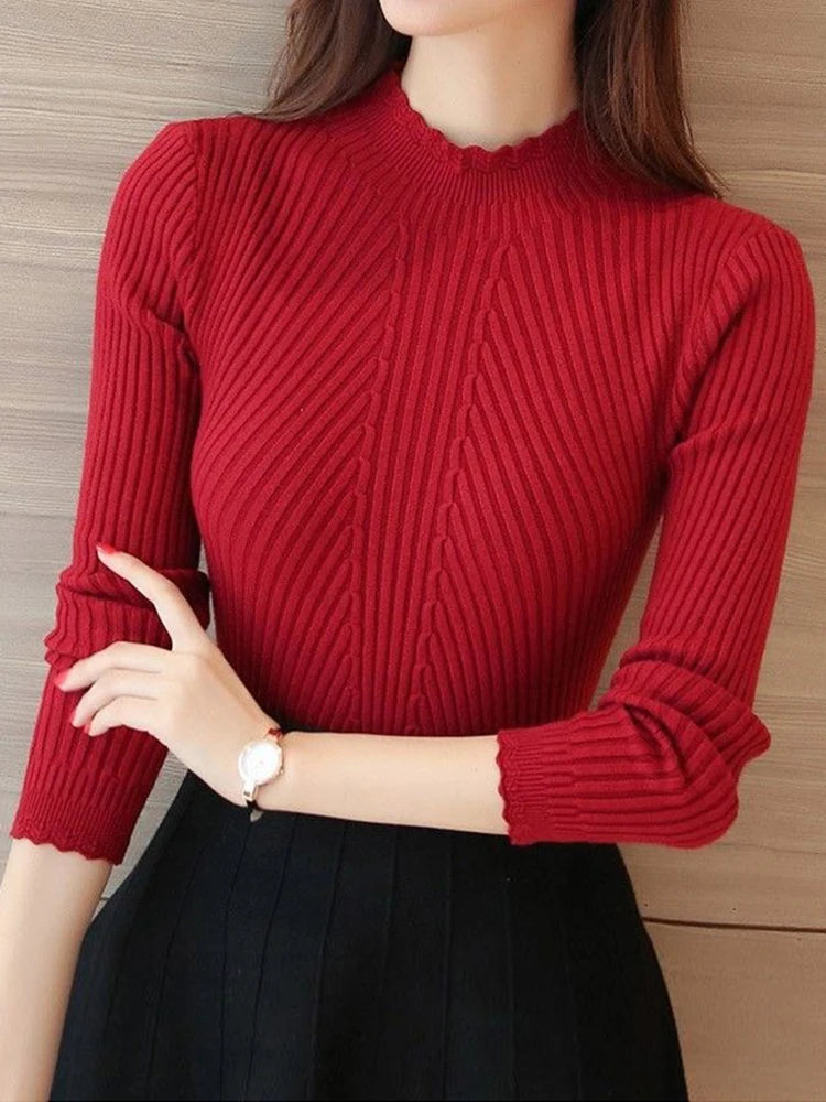 Suéter feminino de gola falsa com babados, manga comprida, tricô, cor sólida, listrado, casual.