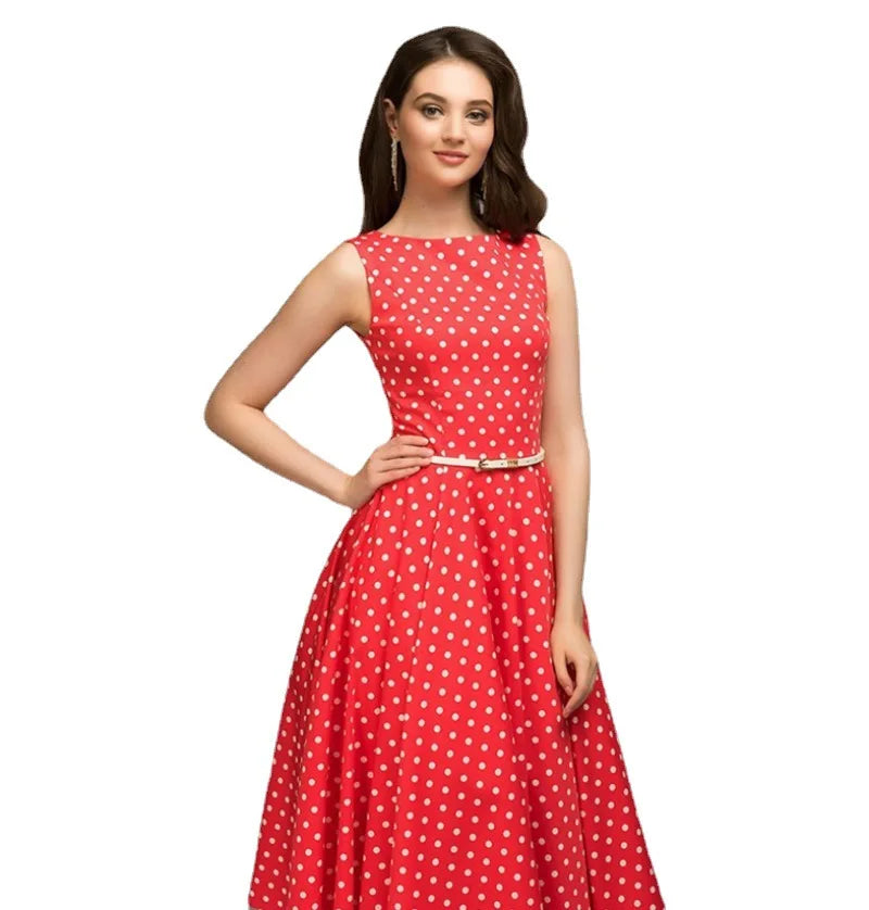 Vestido vintage sem mangas com decote redondo, elegante, fino, estampa de bolinhas casual, estilo  verão.