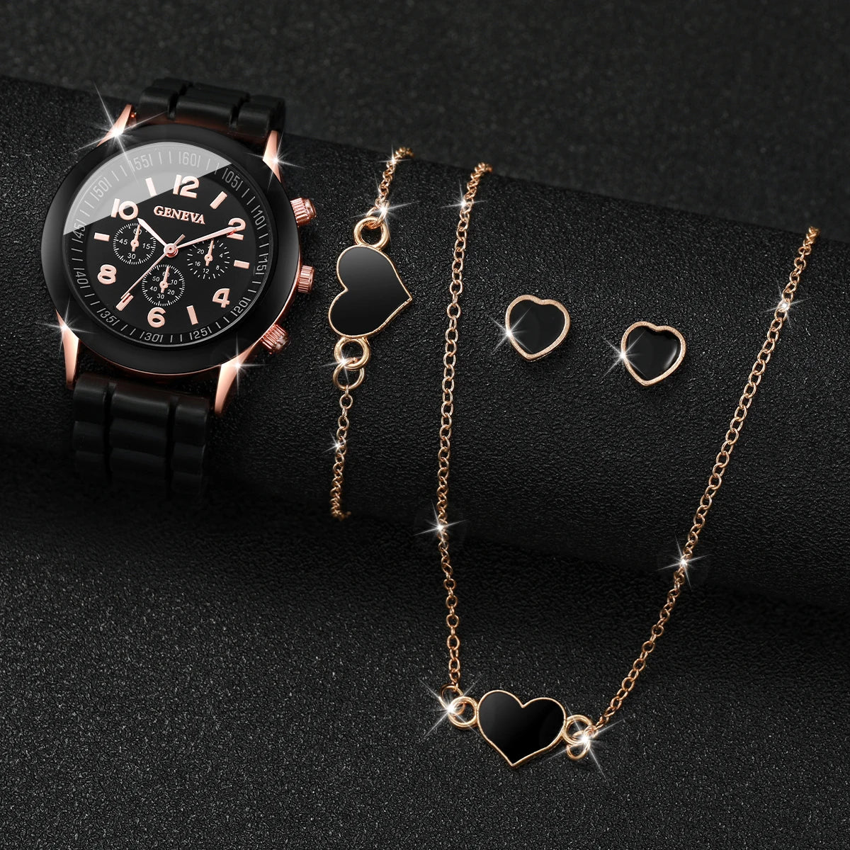 Relógio feminino com pulseira de silicone, 5/6 peças, relógios de quartzo, pulseira colar e par de brincos