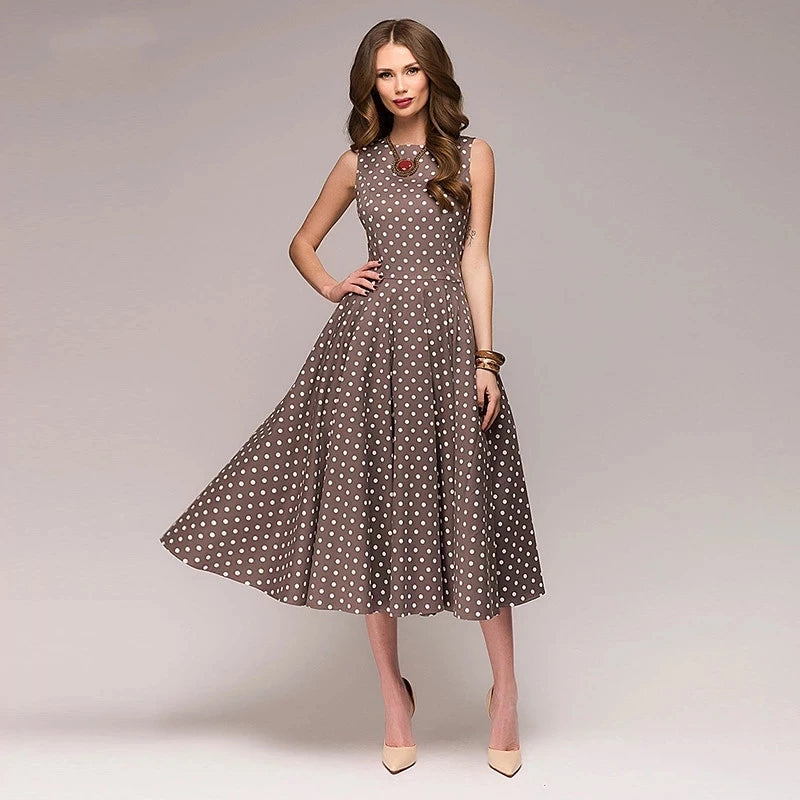 Vestido vintage sem mangas com decote redondo, elegante, fino, estampa de bolinhas casual, estilo  verão.