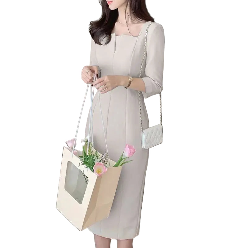 Vestido de verão feminino com manga 3/4, vestido de festa liso, para trabalho, elegante, gola quadrada, vestido fino, moda modelo lápis.